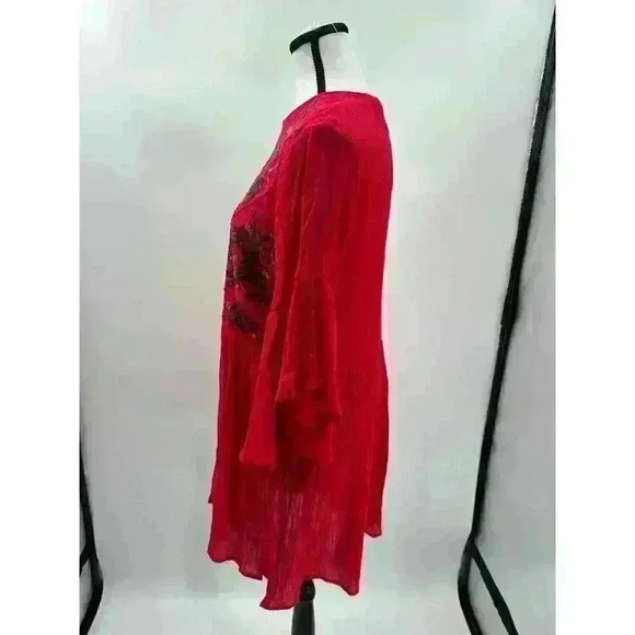 Umgee Red Women's Floral Embroidered Keyhole Bell Sleeve Mini Dress Bohemian SM - Picture 5 of 8